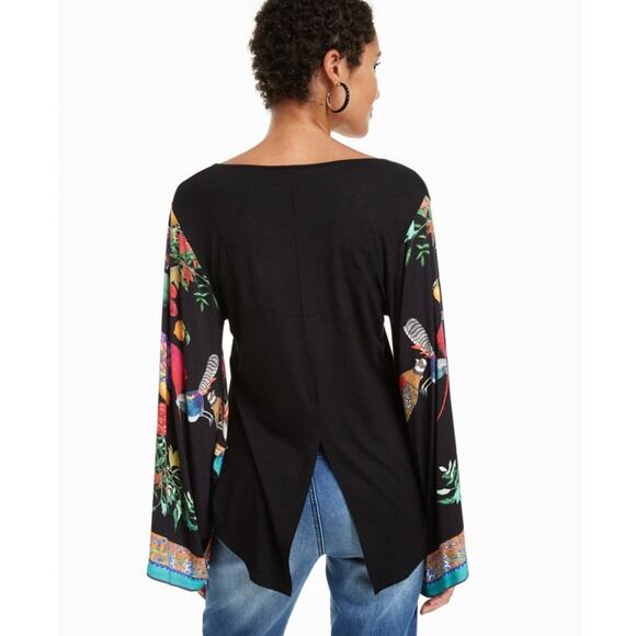 Desigual Eltsa Statement Sleeve Top Womens Medium Black Floral Birds Boho - Picture 5 of 10